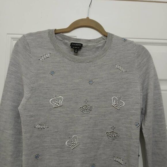 Talbots womens small crown rhinestone crewneck sweater Merino Wool gray - Picture 4 of 9